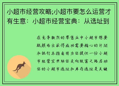 小超市经营攻略;小超市要怎么运营才有生意：小超市经营宝典：从选址到管理的致富之路