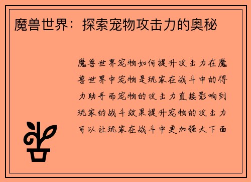 魔兽世界：探索宠物攻击力的奥秘